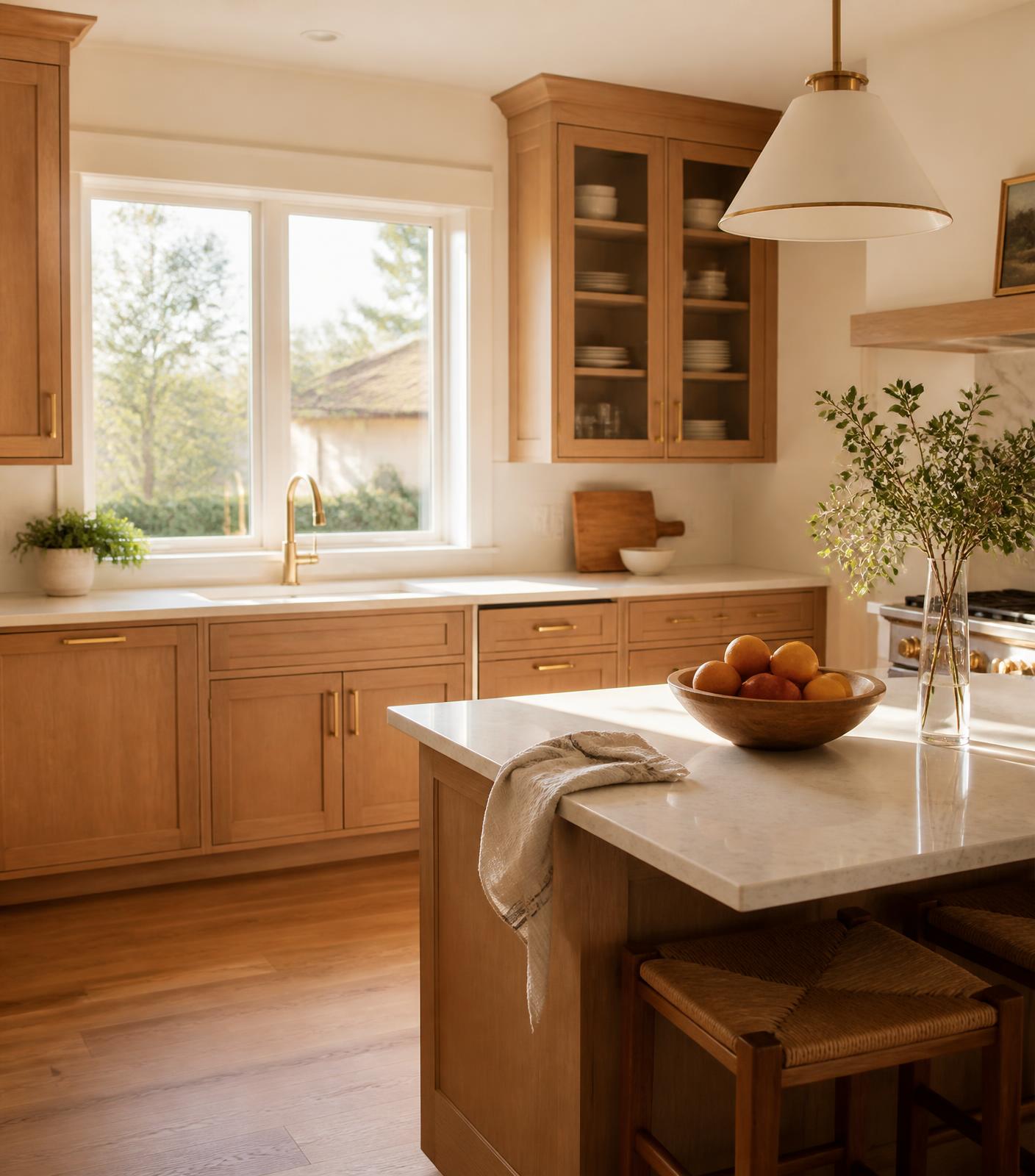 Sunlit renovated kitchen with oak cabinetry and quartz countertops